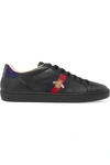 GUCCI ACE WATERSNAKE-TRIMMED EMBROIDERED LEATHER trainers