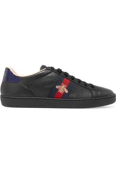 Gucci Ace Watersnake-trimmed Embroidered Leather Trainers In Black