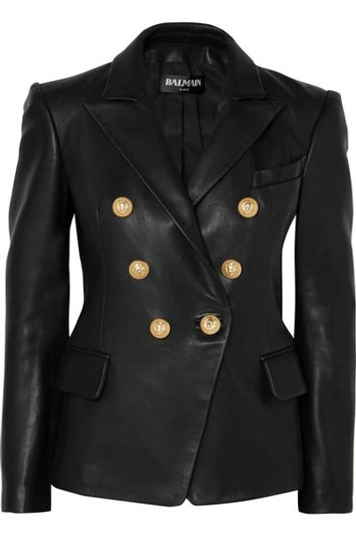 Balmain Black Double-breasted Jacket With Gold-colored Branded Buttons In Soft Leather Woman In Noir