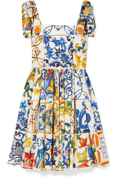 Dolce & Gabbana Sleeveless Fit-and-flare Tile Print Cotton Dress W/ Ties In Blue