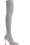 MIU MIU CRYSTAL-EMBELLISHED METALLIC RIBBED-KNIT OVER-THE-KNEE SOCK BOOTS