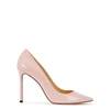 JIMMY CHOO ROMY 100 ROSE PATENT LEATHER PUMPS