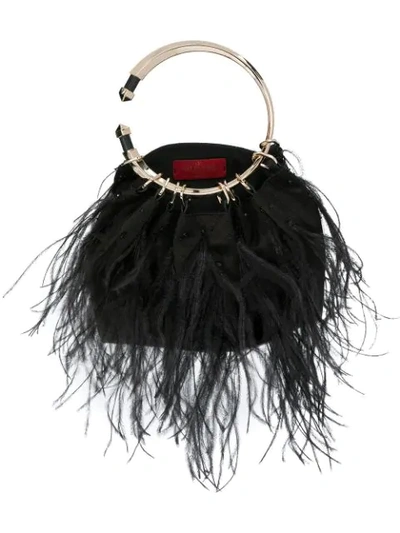 Valentino Garavani Bebop Ostrich Feather Satin Clutch In Nero
