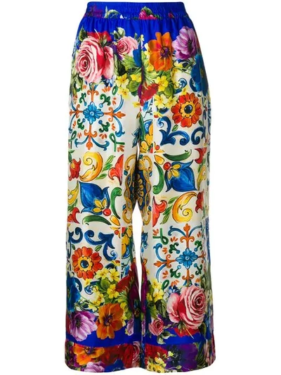 Dolce & Gabbana Cropped Printed Silk-twill Wide-leg Trousers In Blue