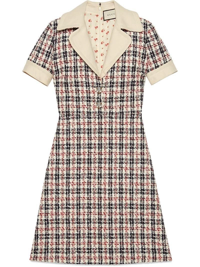 Gucci Short-sleeve Tweed A-line Dress With Collar In Blue