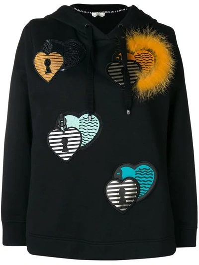 Fendi Hoodie With Fur Patches In Black,yellow,metallic