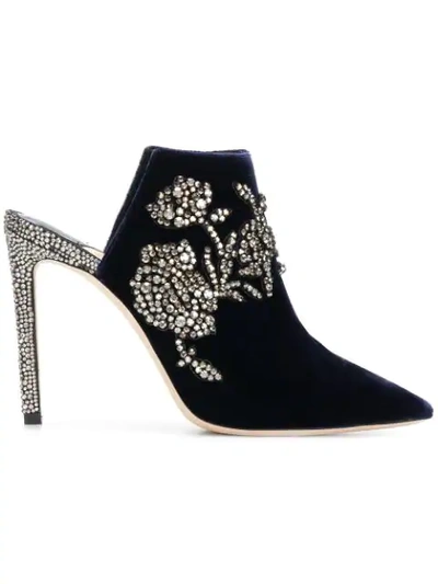 Jimmy Choo Caroline 100 Navy Velvet Mules With Peony Crystal Embroidery In Blue