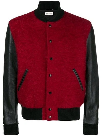 Saint Laurent Leather Panelled Wool Blend Bomber Jacket In Red