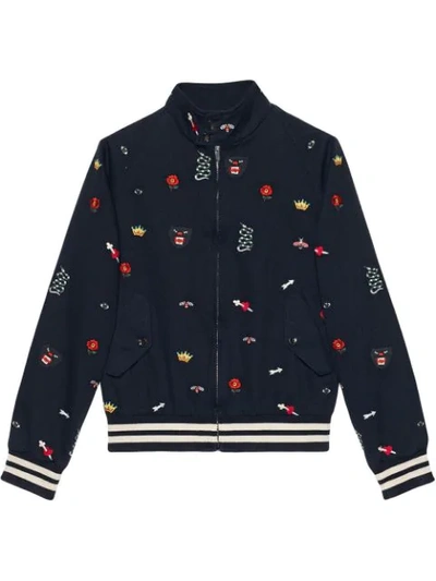 Gucci Embroidered Cotton Bomber Jacket In Blue