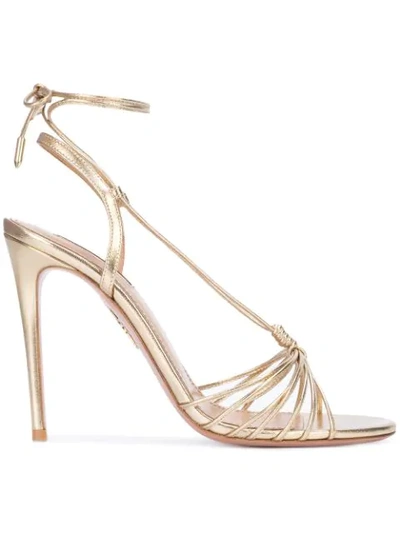 Aquazzura Whisper 105 Lace-up Metallic Leather Sandals In Yellow