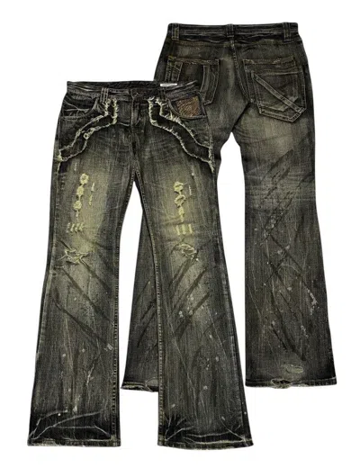 Pre-owned 14th Addiction Semantic Design Flared Ripped Distressed Denim Pants In Black