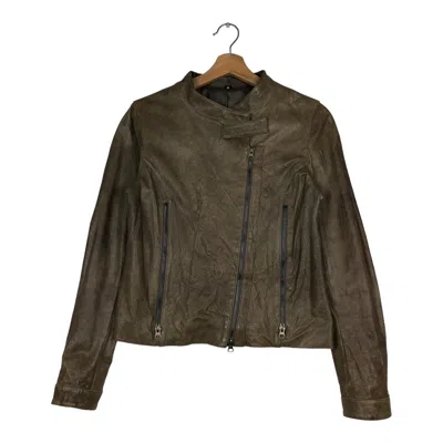 Pre-owned 14th Addiction Vintage Cropped Leather Biker Jacket Double Collar Italy In Brown
