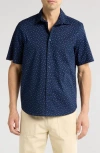 14th & Union Fish Print Short Sleeve Stretch Poplin Button-up Shirt In Navy Geo Fish