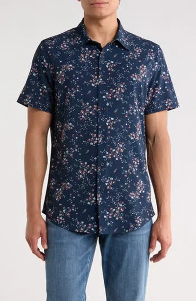14th & Union Floral Print Short Sleeve Performance Linen Button-up Shirt In Blue