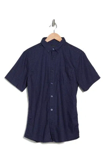 14th & Union Houndstooth Short Sleeve Linen & Cotton Button-down Shirt In Navy India Ink Houndstooth