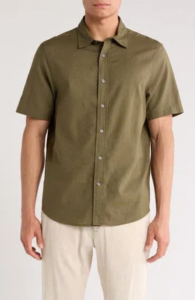 14th & Union Linen & Cotton Short Sleeve Button-up Shirt In Olive Night