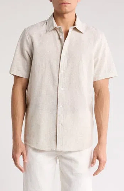 14th & Union Linen & Cotton Short Sleeve Button-up Shirt In Tan Burrow- White Eoe