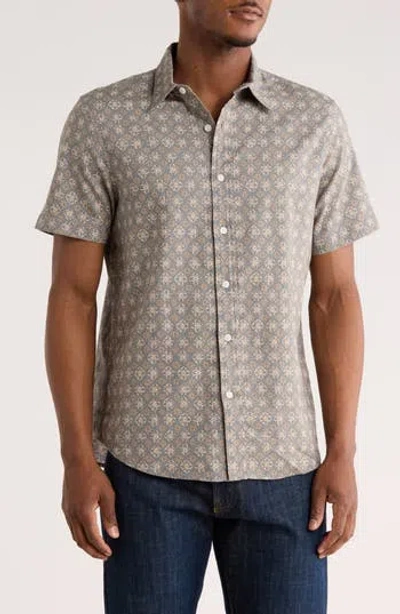 14th & Union Medallion Short Sleeve Linen & Cotton Button-up Shirt In Gray