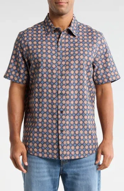 14th & Union Medallion Short Sleeve Linen & Cotton Button-up Shirt In Gray