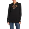 14th & Union Pullover Leopard Print Scarf Neck Tie Knit Sweater In Black In Black