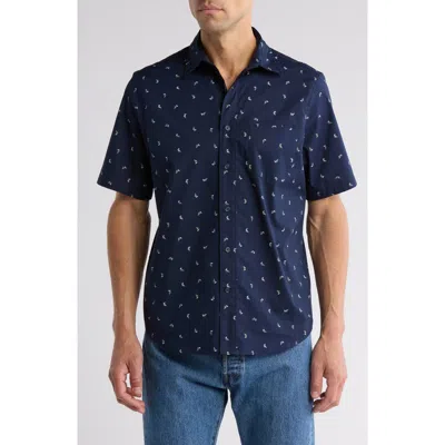 14th & Union Sailboat Print Short Sleeve Cotton Stretch Poplin Button-up Shirt