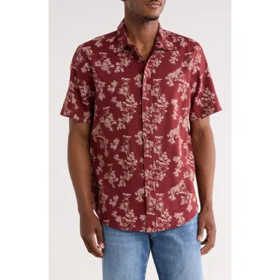 14th & Union Short Sleeve Button Front Linen Shirt In Burgundy