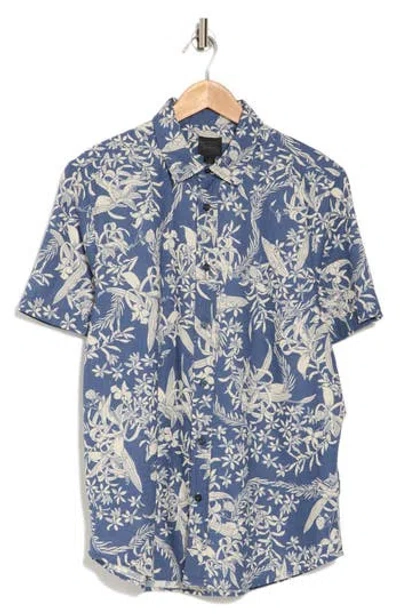 14th & Union Short Sleeve Linen & Cotton Button-up Shirt In Blue Indigo Aloha Floral