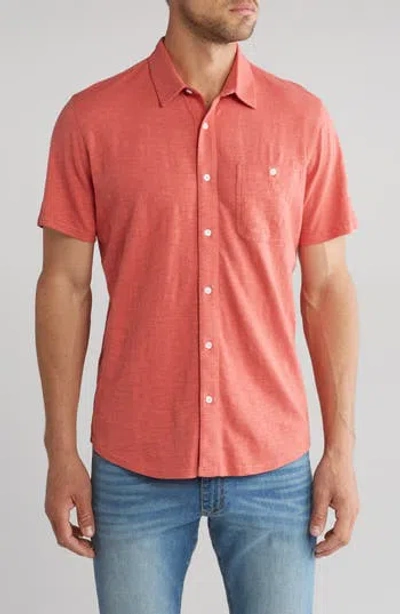 14th & Union Short Sleeve Slubbed Knit Button-up Shirt In Coral Faded