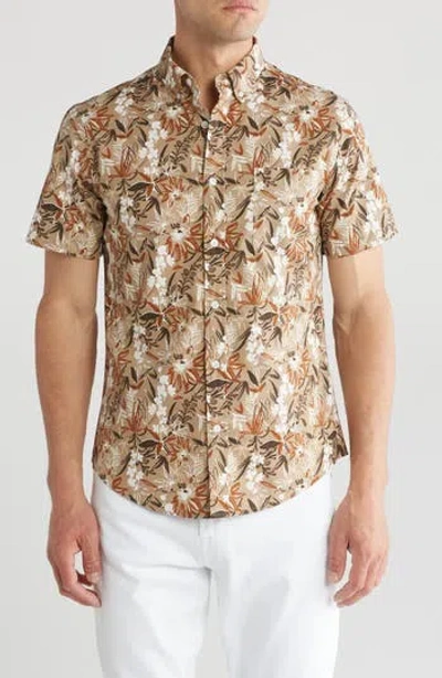 14th & Union Trpical Mix Short Sleeve Stretch Cotton Button-up Shirt In Tan Tropical Mix
