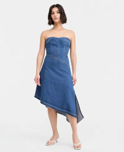 14th Place Juniors' Strapless Asymmetric Denim A-line Dress In Blue