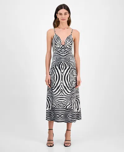 14th Place Juniors' Zebra-print Ruched V-neck Midi Dress In Multi