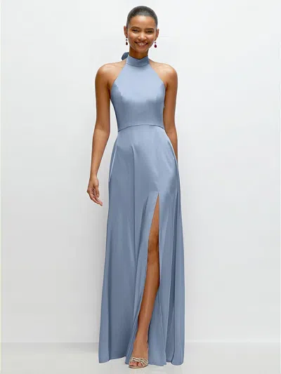 1500 Series Band Collar Halter Open Back Fluid Satin Maxi Dress With Self-tie Bow In Blue