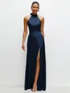1500 Series Band Collar Halter Open Back Fluid Satin Maxi Dress With Self-tie Bow