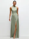1500 Series Band Collar Halter Open Back Fluid Satin Maxi Dress With Self-tie Bow