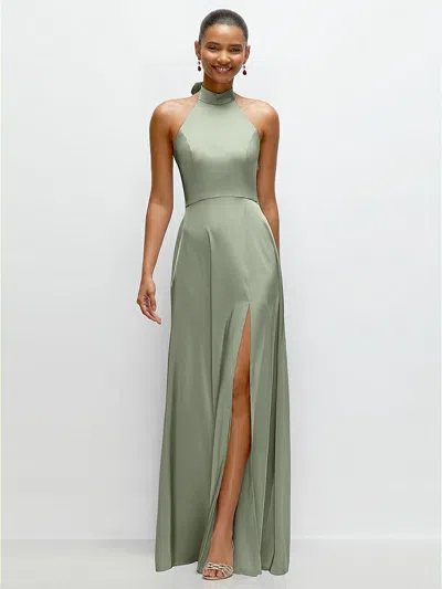 1500 Series Band Collar Halter Open Back Fluid Satin Maxi Dress With Self-tie Bow In Green