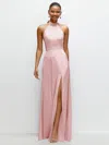 1500 Series Band Collar Halter Open Back Fluid Satin Maxi Dress With Self-tie Bow