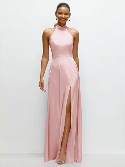 1500 Series Band Collar Halter Open Back Fluid Satin Maxi Dress With Self-tie Bow In Pink