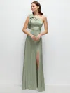 1500 Series Bow One-shoulder Fluid Satin Maxi Dress With Full Skirt