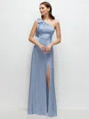 1500 Series Bow One-shoulder Fluid Satin Maxi Dress With Full Skirt