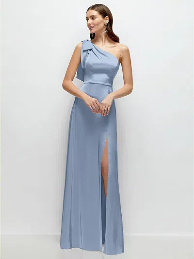 1500 Series Bow One-shoulder Fluid Satin Maxi Dress With Full Skirt In Blue