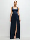 1500 Series Shaped Strap Portrait Neckline Fluid Satin Maxi Dress With Full Skirt