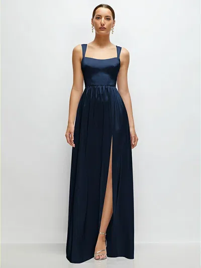 1500 Series Shaped Strap Portrait Neckline Fluid Satin Maxi Dress With Full Skirt In Blue