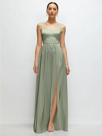 1500 Series Shaped Strap Portrait Neckline Fluid Satin Maxi Dress With Full Skirt In Green