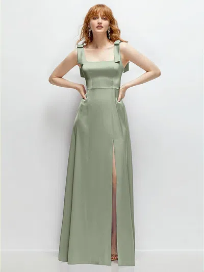 1500 Series Square Neck Fluid Satin Maxi Dress With Bow Straps In Green
