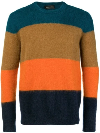 Roberto Collina Striped Crew Neck Sweater In Pavone/camel/aranc/blu