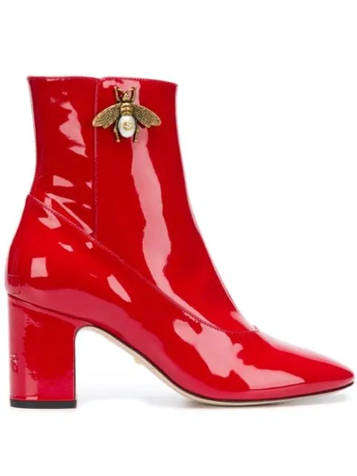 Gucci Patent Lois Bee Ankle Boots 75 In Red