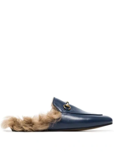 Gucci Blue Princetown Shearling Lined Leather Backless Loafers In Navy