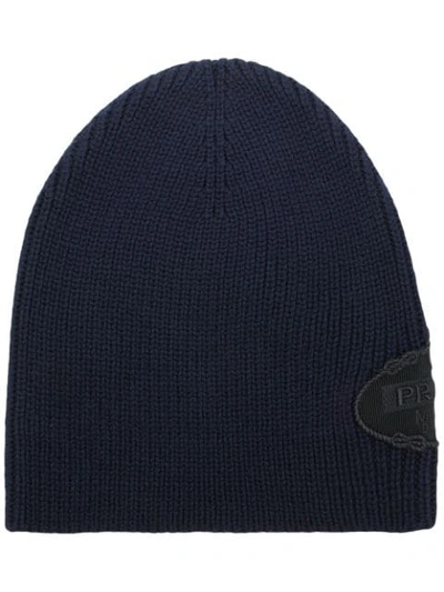 Prada Logo羊毛针织套头帽 In Blue