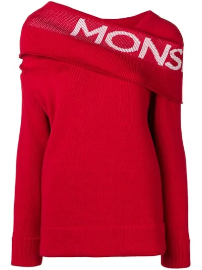 Monse Knitted Jumper With Logo Intarsia Shawl Collar In Rosso