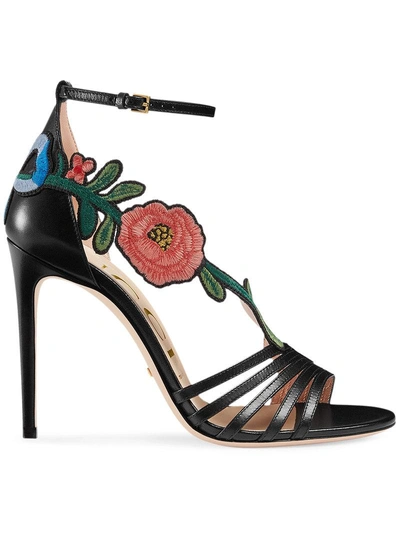 Gucci Embroidered Leather Mid-heel Sandal In Black
